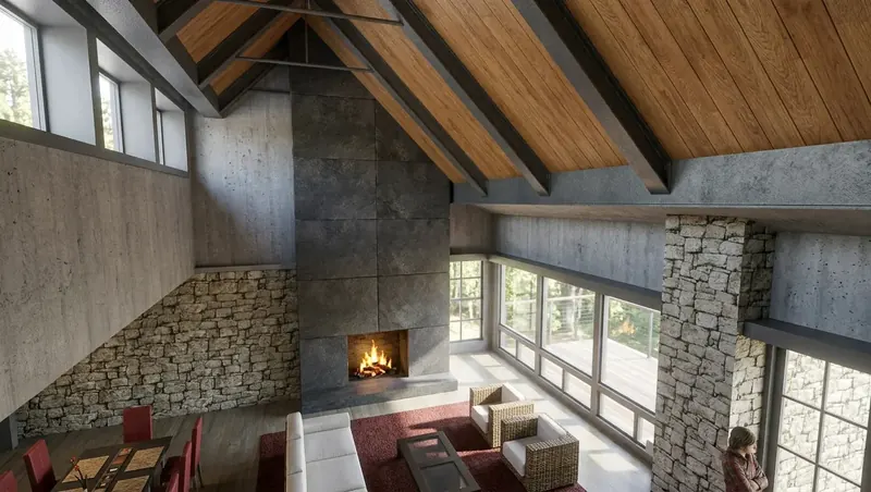 View down from above into the vaulted great room, with a stone wall, stone column and tall concrete fireplace