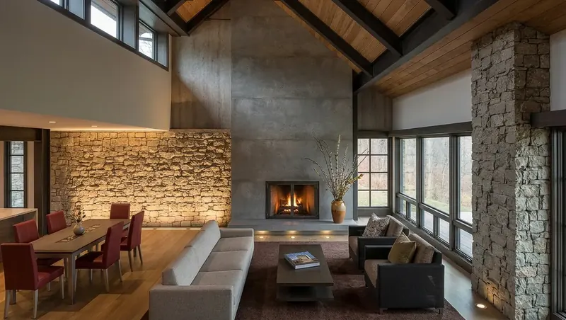 Great room with a lit concrete fireplace between a stone wall and stone column, dining table left, tall windows right