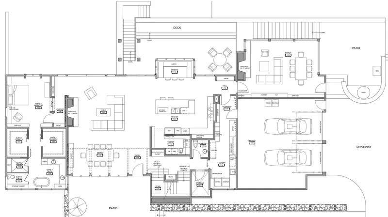 Floor plan of the Lakeside Tower Home showing living, dining, kitchen, suite, porch, deck and two-car garage