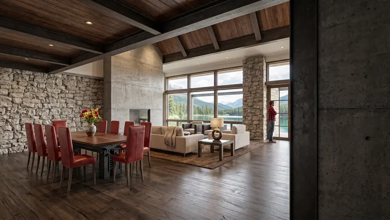 Open dining and living area with red leather chairs, a stone wall and tall windows framing the water