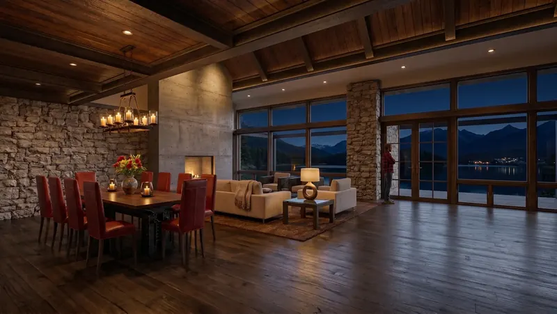 The same dining and living area at night, lit by a candle chandelier, with the lake dark beyond the windows