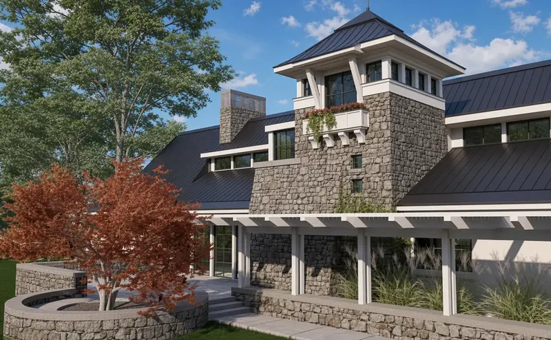Stone tower with white timber brackets and a flowering window box above a white pergola and ornamental grasses