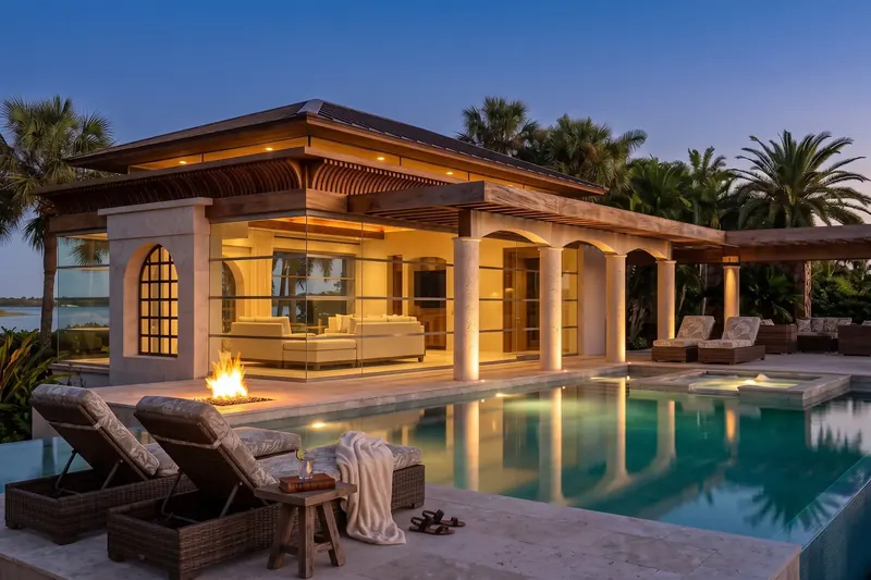 Pavilion at dusk with stone columns and arches, glass walls, a fire feature and pool, lounge chairs in the foreground
