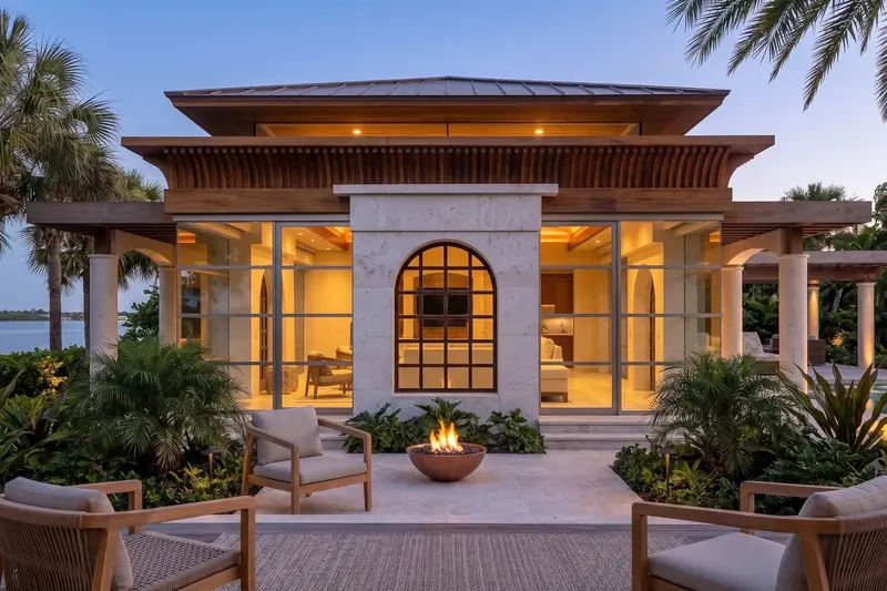 Stone wall with an arched grid window flanked by glass, a fire bowl and lounge chairs in front