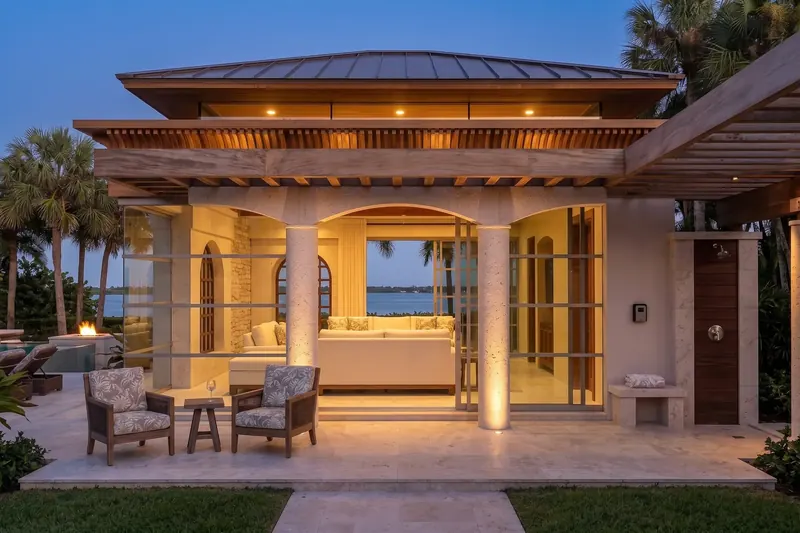 Arched colonnade with lit stone columns and glass walls, the water visible through the room, an outdoor shower at right