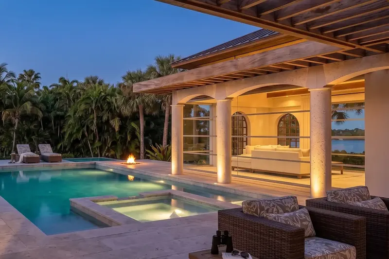 Wicker armchairs under the wood-beamed pergola beside the spa and pool, the arched colonnade and glass walls beyond