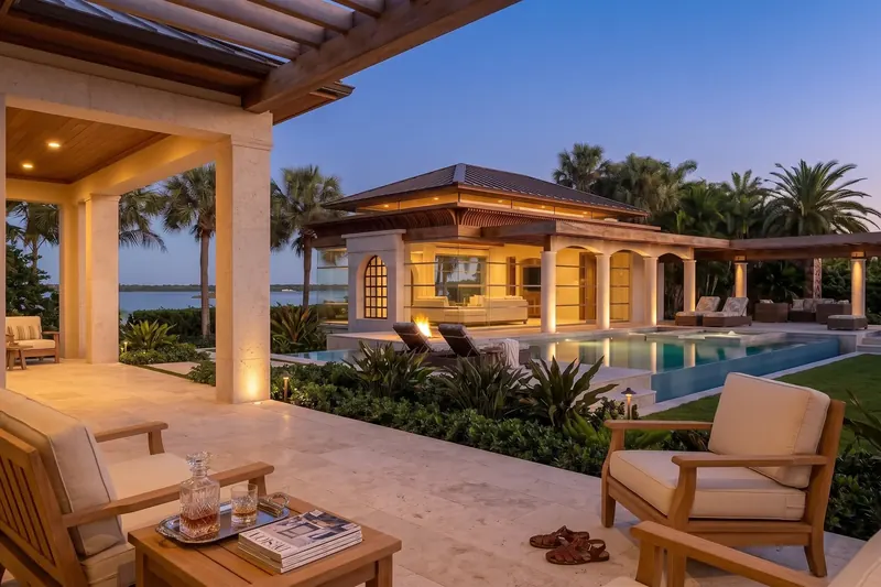 Covered stone terrace with wood armchairs looking toward the pavilion, pool and water at dusk