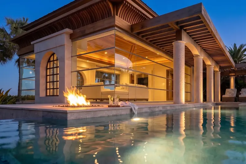 Low view across the pool to the pavilion's glass corner, layered wood ceiling and a pool-edge fire feature