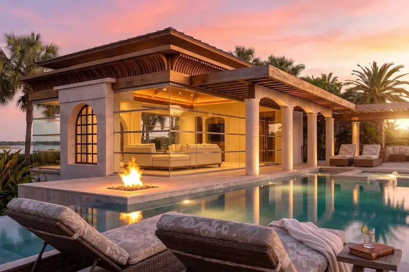 Pavilion and pool under a pink and orange sky, fire feature burning beside the glass walls