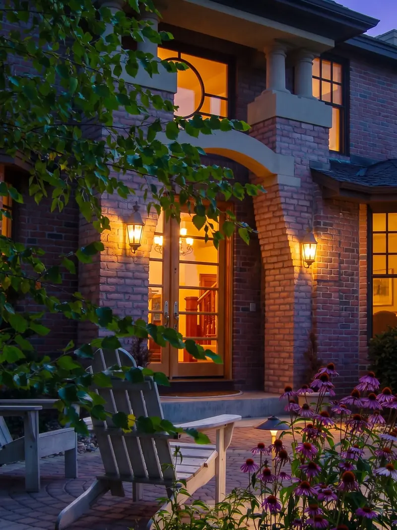 Arched brick entryway with double doors glowing in the evening light