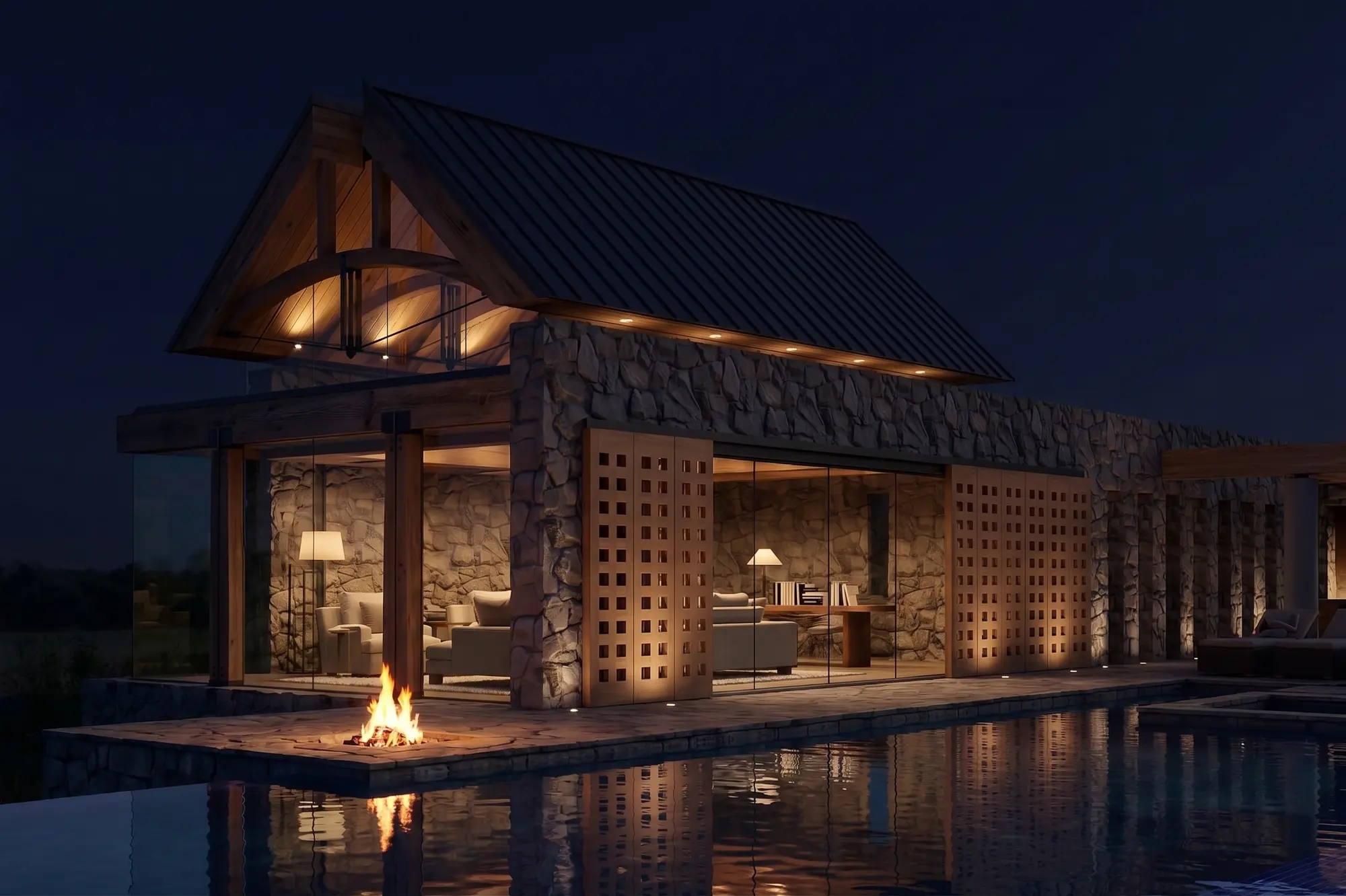 Modern Colorado Farmhouse at night, warm light glowing through gridded screens and a fire reflected in the pool