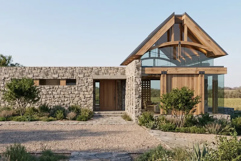 Entry with a timber front door set in a rugged stone wall beside a glass-gabled pavilion, a gravel forecourt in front