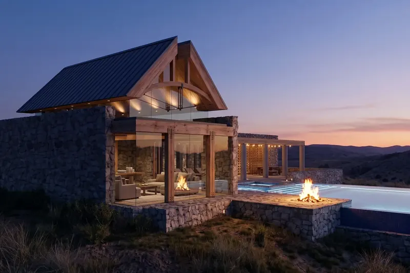 Modern Colorado Farmhouse at dusk: stone and glass pavilion under a timber gable, fire pit beside an infinity-edge pool