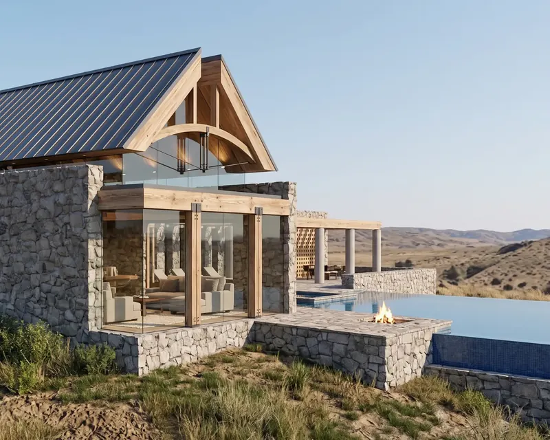 Glass-walled corner of a stone pavilion overlooking a stone patio, fire pit and infinity-edge pool above rolling hills
