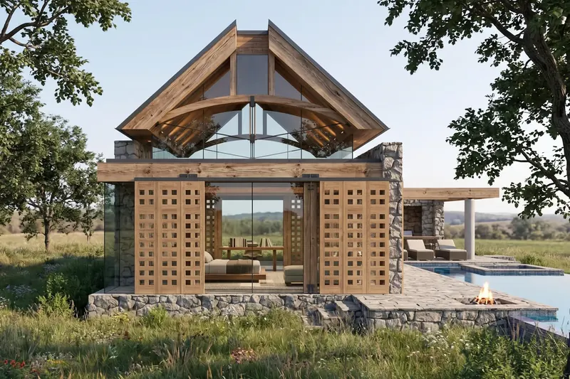 Guest house bedroom behind gridded wooden sliding screens and glass, a timber gable above and meadow trees around it