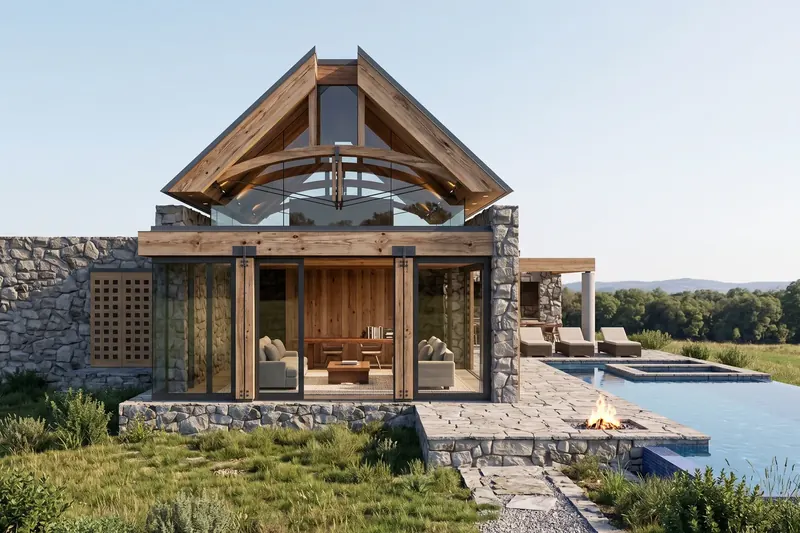 Gable end of a stone pavilion with exposed arched timber truss, glass walls and a fire pit at the pool's edge