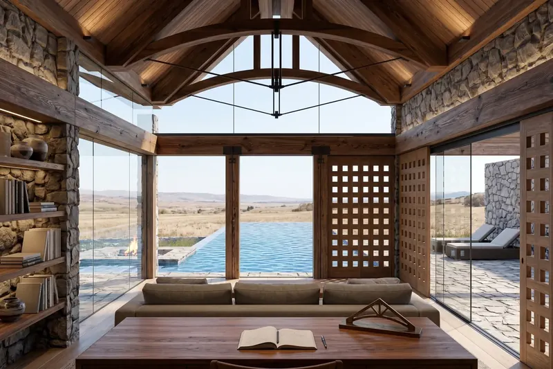 Study with shelving set in a stone wall, an arched timber truss overhead, glass walls looking across the pool to the plains