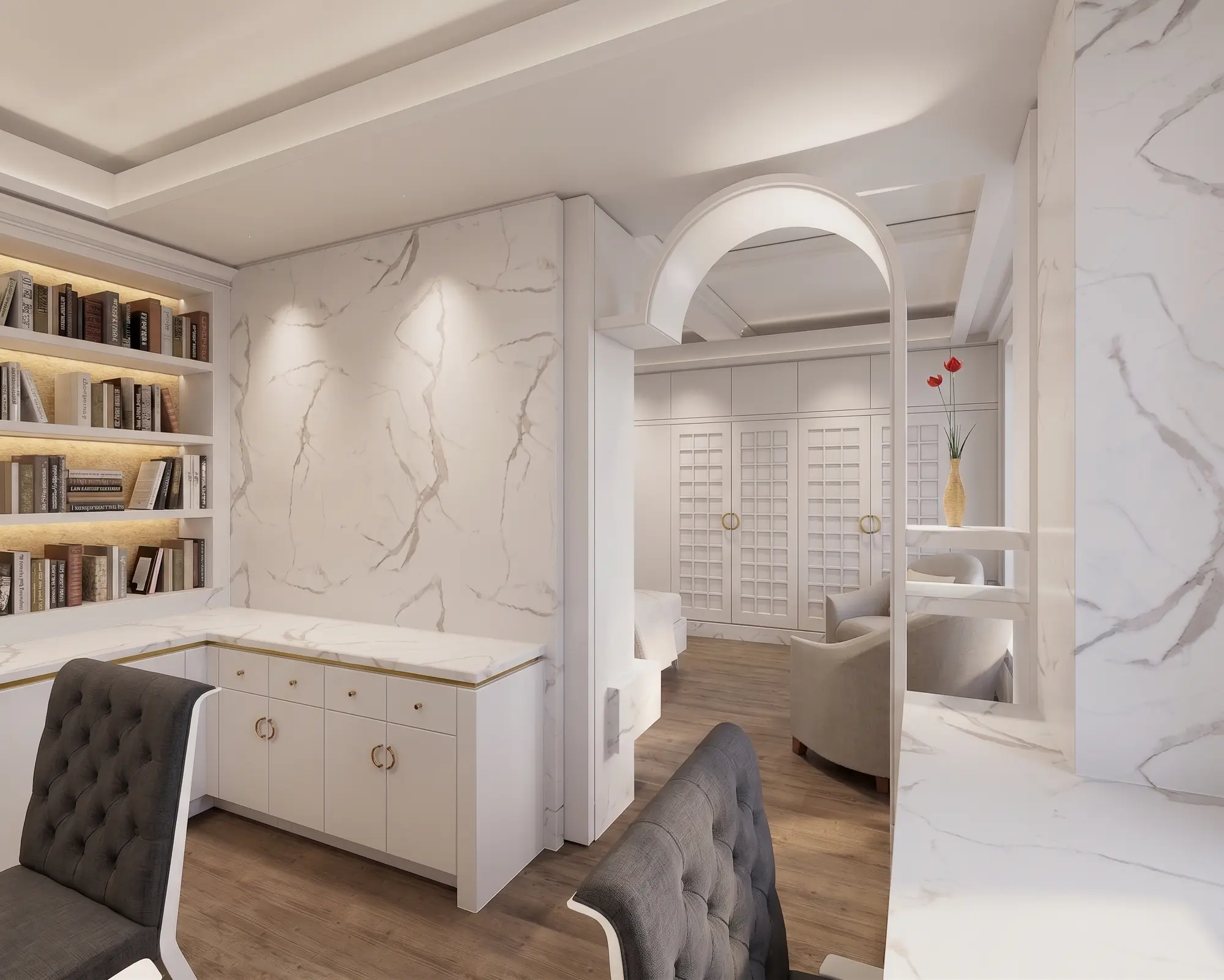 Study with lit bookshelves, a marble wall and tufted desk chairs, looking through an arch to the bedroom