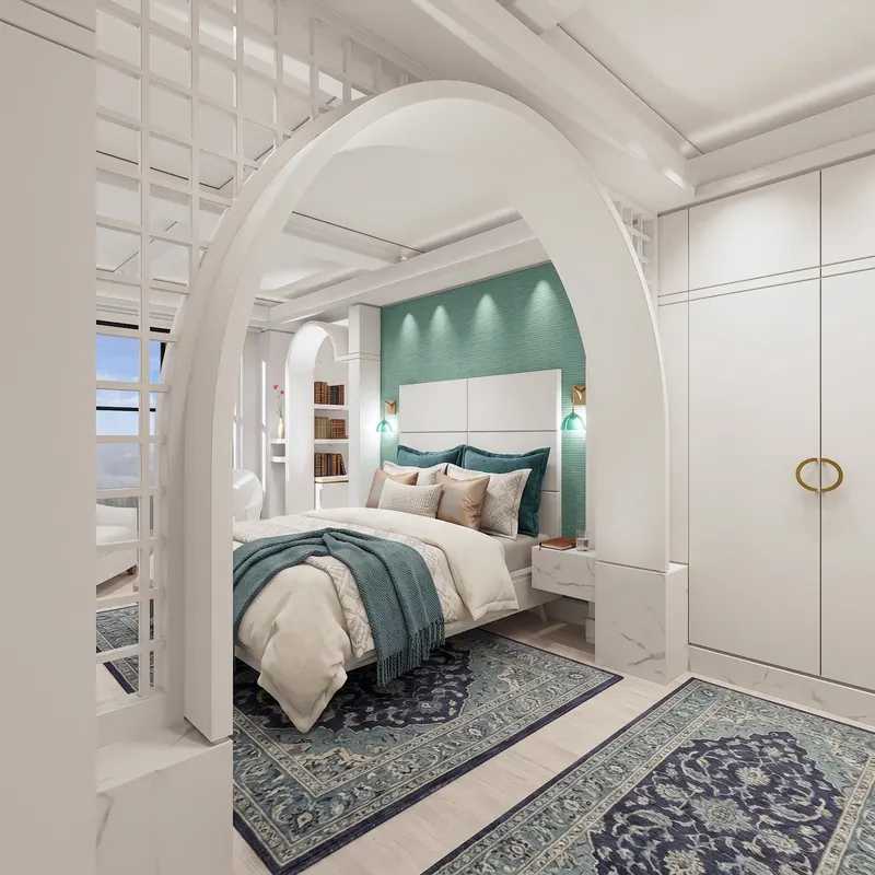 Arched opening into a bedroom with a teal textured wall, brass sconces, patterned rugs and full-height cabinetry