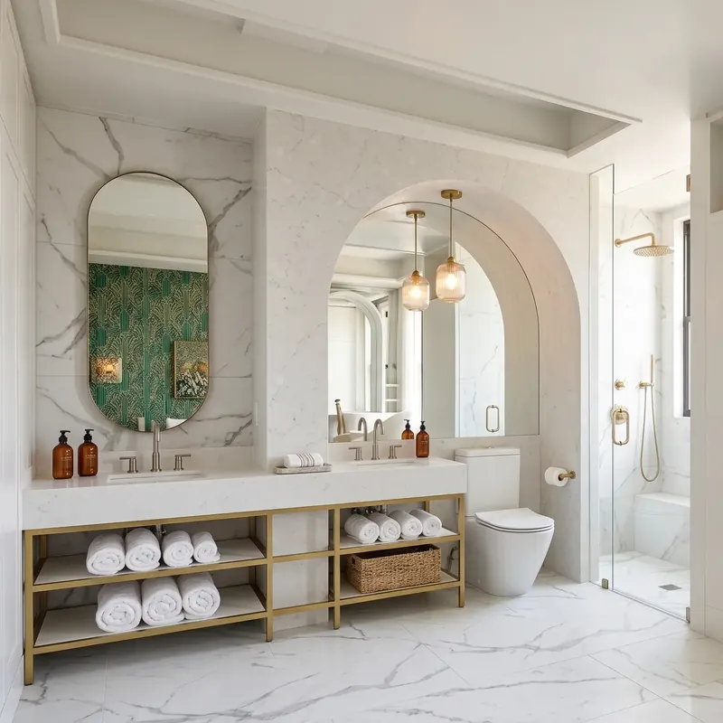 White marble bathroom with a brass-framed open vanity, oval and arched mirrors, and a glass shower with brass fixtures