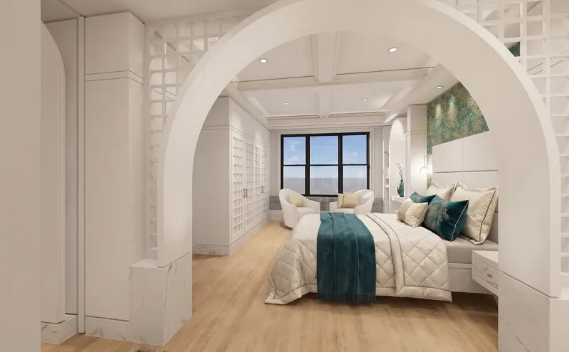 Sweeping white arch with lattice framing a bedroom lined in white cabinetry, teal-and-gold wallpaper and a wide city window