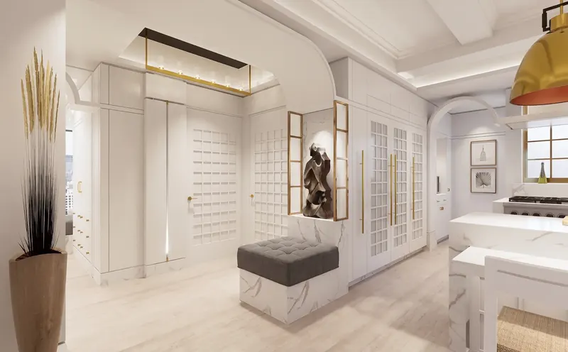 Entry foyer with white lattice-panel doors, a sculpture in a brass-framed niche, and a marble-based upholstered bench