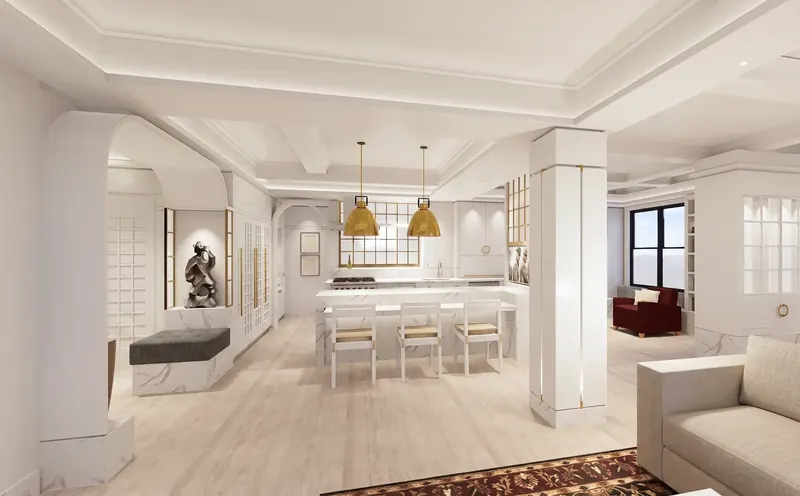 Open view from the living room past a white column to the marble kitchen island with brass pendants and arched entry
