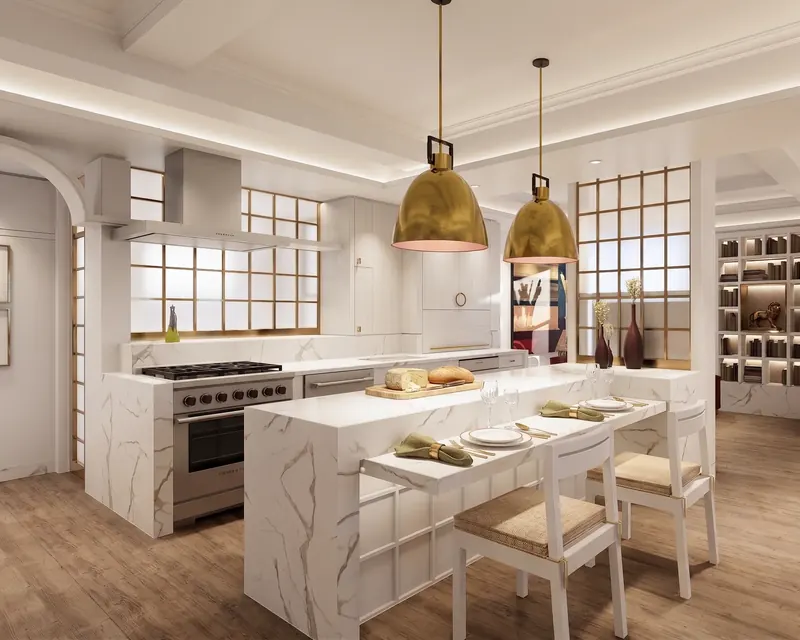 Marble waterfall kitchen island set for dinner beneath two brass dome pendants, with brass-gridded glass screens