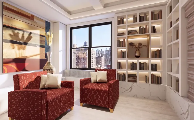 Library corner with red patterned armchairs, lit built-in bookshelves, large abstract artwork and a city window
