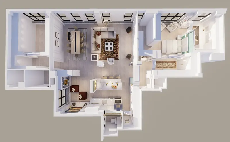 Furnished 3D overhead plan of the Modern Fairytale Apartment showing living, dining, kitchen, library and bedroom suite