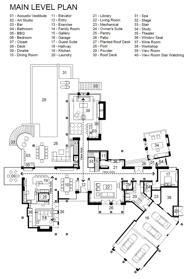 Floor plan of the main level, with a numbered room legend and the long view axes marked