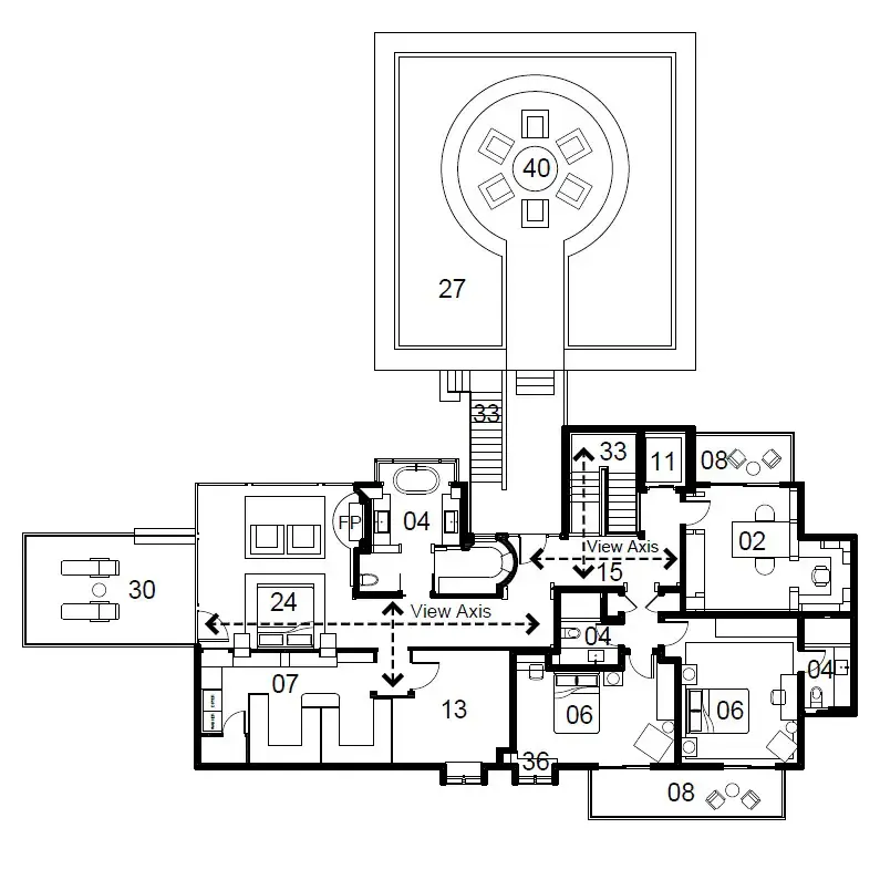 Floor plan of the second level, showing the owner's suite and the circular roof deck