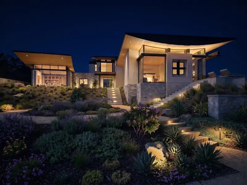 Modern Zen Mountain House at night, its curved wood-lined roof glowing above stone walls, lit steps and a planted garden