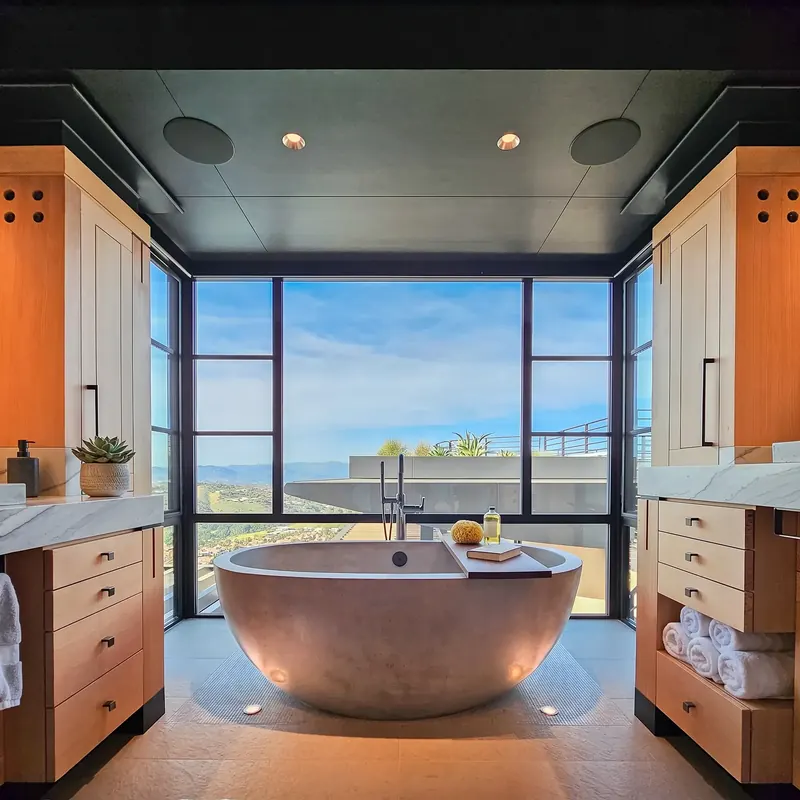 Freestanding soaking tub before a corner of steel-framed windows, between wood vanities