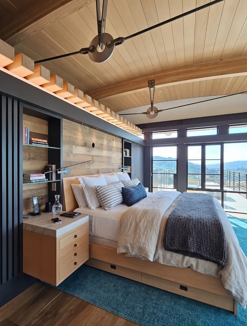 Bedroom with a timber ceiling, a wood-paneled wall and windows opening to the hills