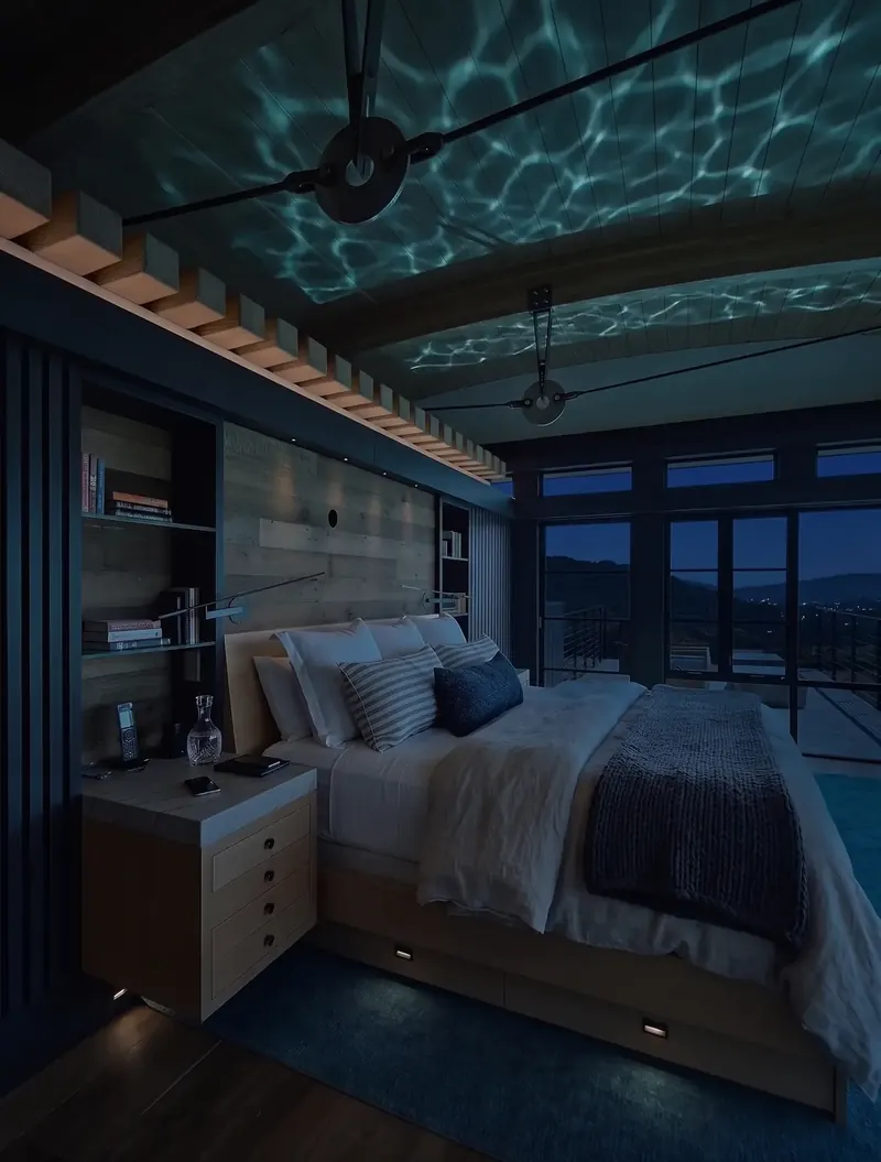 Primary bedroom at night, rippling pool light dancing across the wood ceiling above the bed