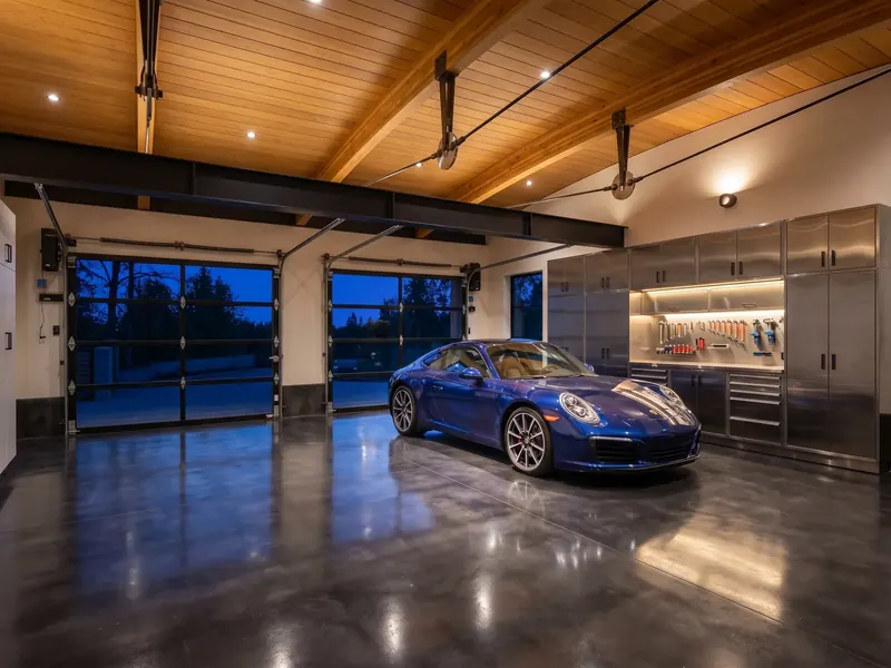 Garage with a timber and steel trussed ceiling, stainless cabinetry and a blue sports car at dusk