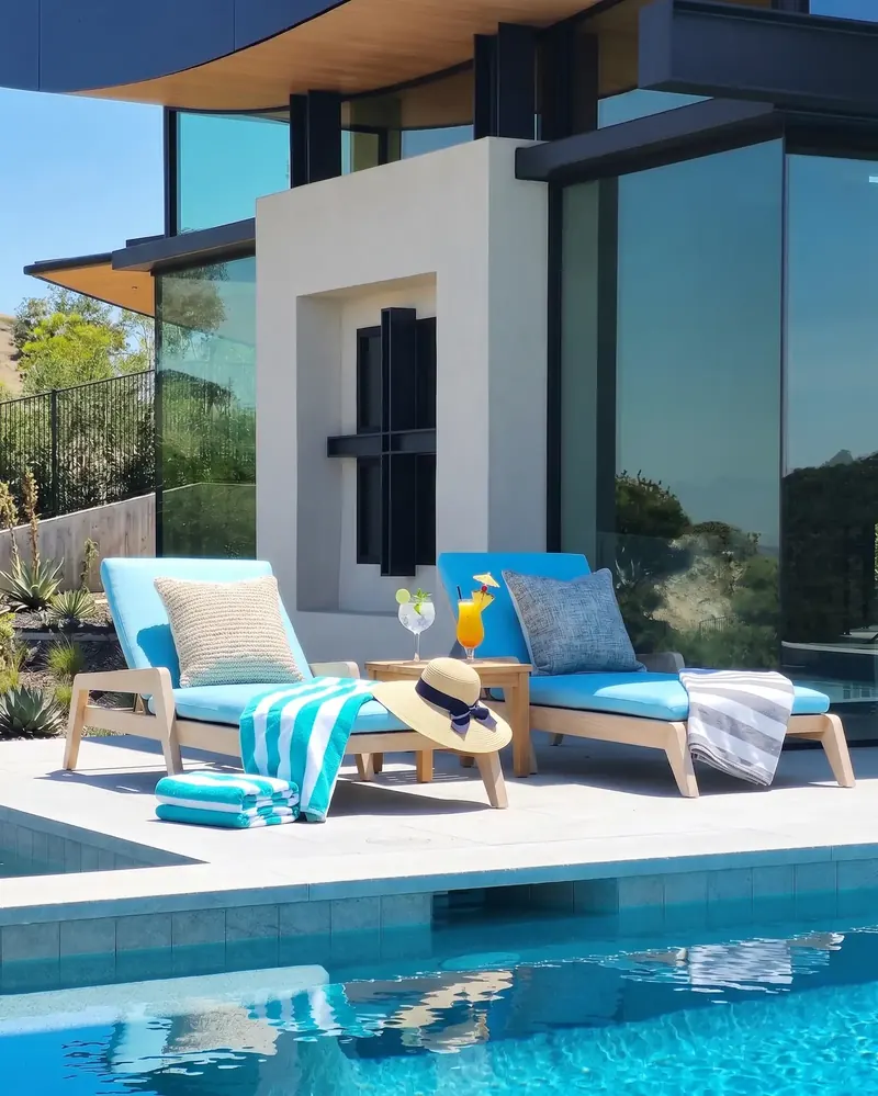 Wood pool loungers with turquoise cushions at the water's edge beside a stucco and glass wall