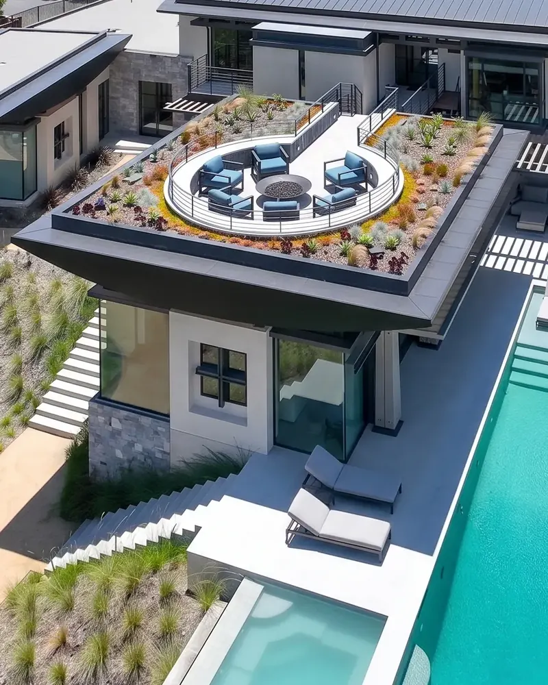 Aerial view of the sunken fire-pit deck set into the planted roof above the pool