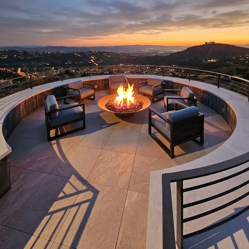 Fire pit blazing in the sunken roof deck at sunset, chairs circled above the glittering valley