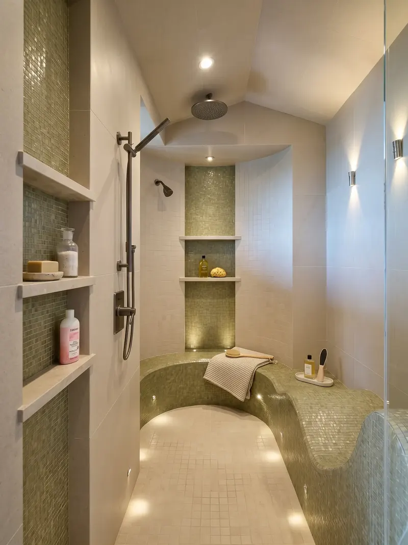 Steam shower with a curving green glass-mosaic bench, niches and soft low lighting