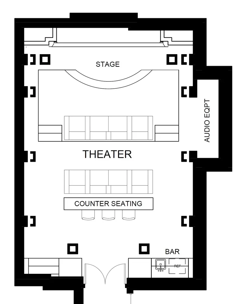 Floor plan of the home theater: stage, two rows of seating, counter seating and bar