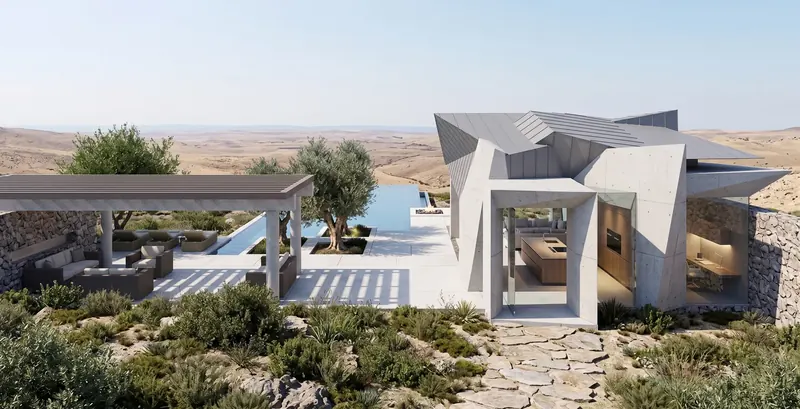 Angular concrete entry opening to a kitchen, beside a pergola lounge and infinity pool overlooking desert hills