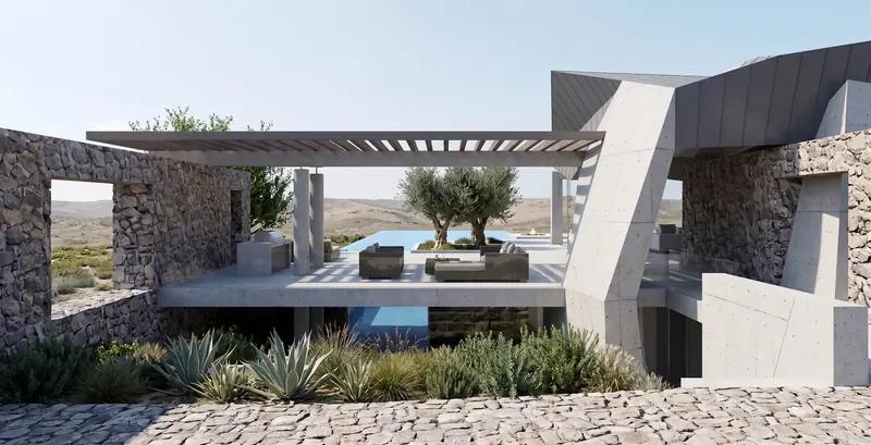 Daytime view through mortarless stone walls to a pergola terrace, olive trees and infinity pool