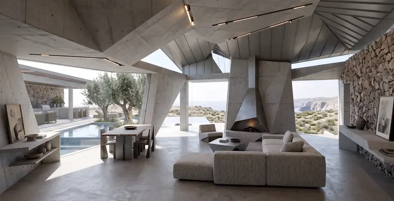 Living room under an angled concrete and metal ceiling with linear lights, a faceted fireplace and wide views