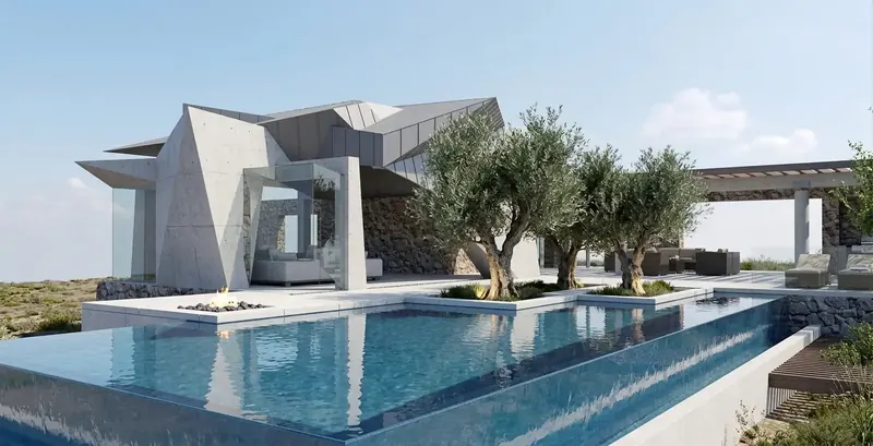 Infinity pool with fire pit and olive trees planted in concrete, set against faceted concrete walls