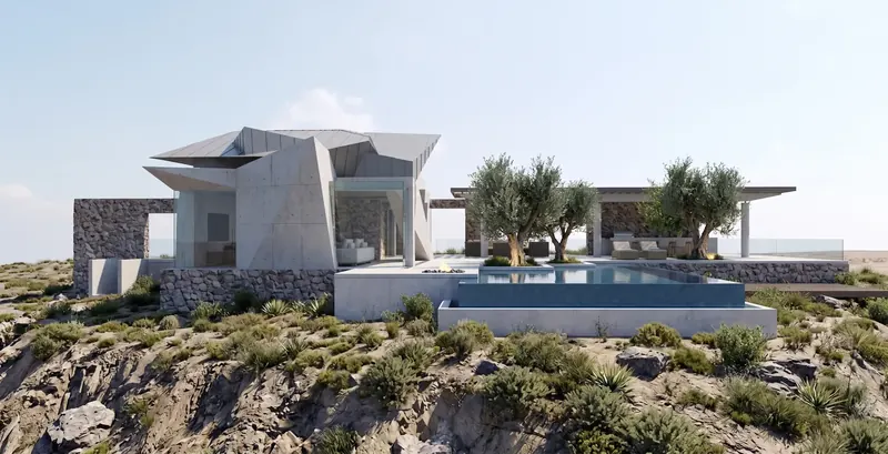 Faceted concrete house with folded metal roof on a rocky hillside beside an infinity pool and olive trees