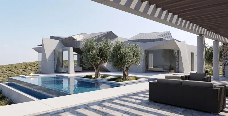 View from the shaded pergola across the pool and olive trees to the folded metal rooflines