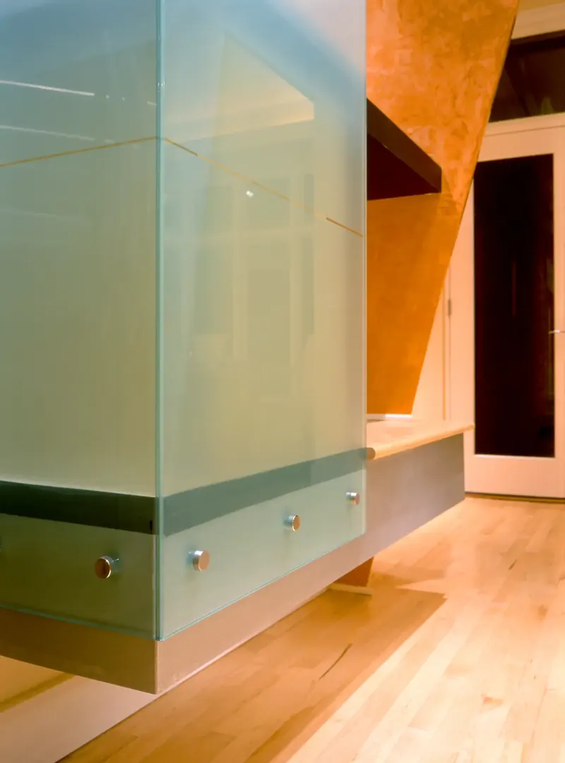 Frosted glass panel column with brushed steel fittings