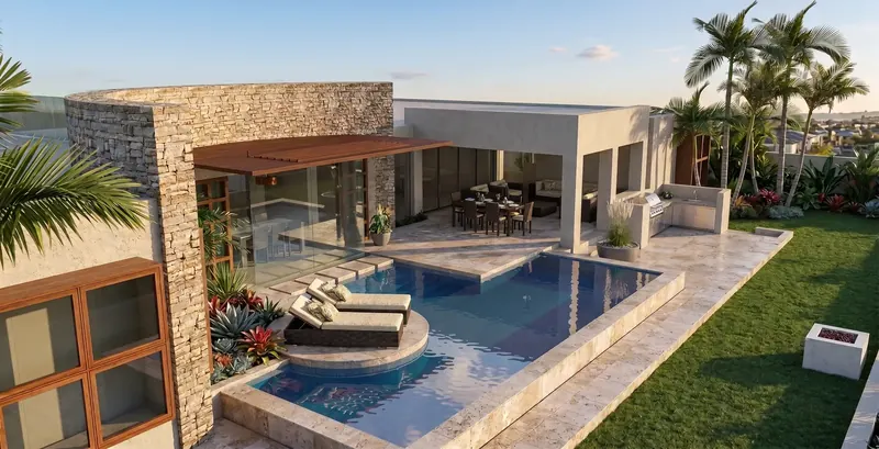 Relativity House from above: curved stone wall, wood pergola, pool with round sun lounge, covered dining and outdoor kitchen